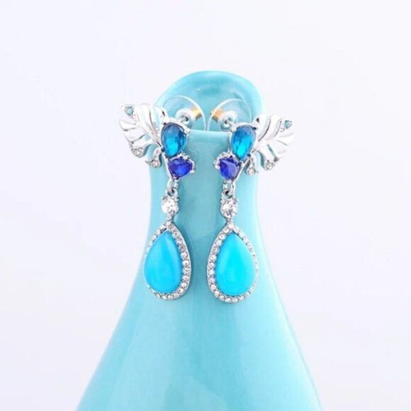 Blue Crystal Rhinestone Flower Vintage Silver Drop Dangle Statement Earrings - Picture 6 of 7